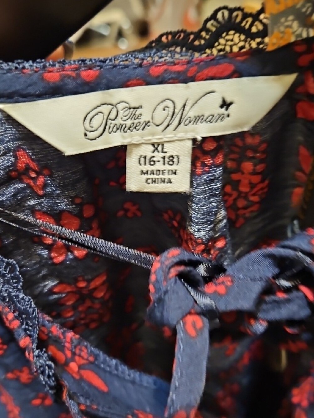 The Pioneer Woman Navy and Red Printed Ruffle-Shoulder Tie-Neck Blouse - Picture 7 of 8